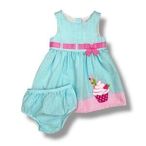 Counting Daisies Baby Dress Set Girls 18M Aqua Gingham Cupcake Summer Bloomers